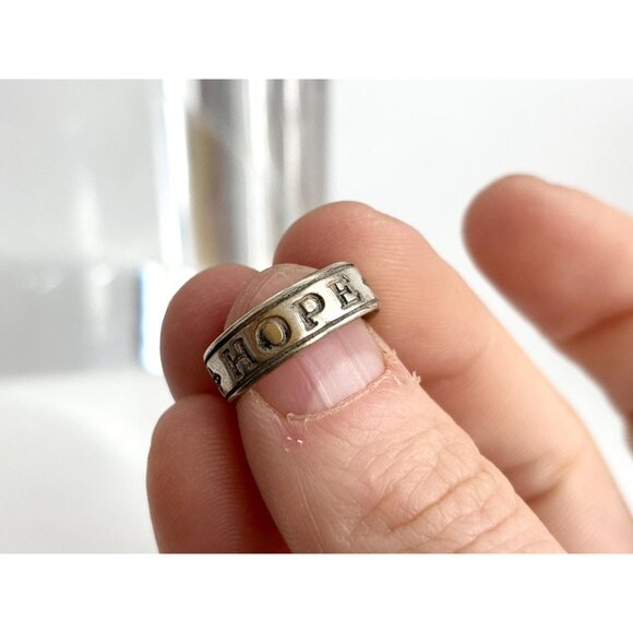HOPE Carved Sterling Silver Adjustable Open Shank 925 Unisex Vintage Ring - sz 4 - Picture 8 of 15